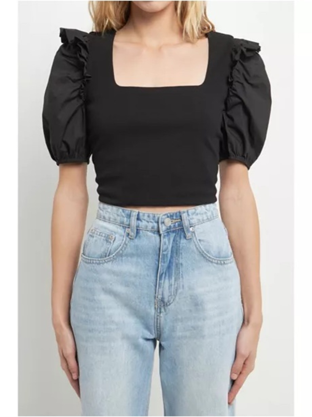 English factory mixed media puff sleeve knit top